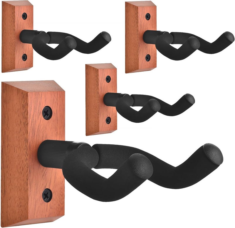 DOMMI Guitar Wall Mount 4 Pack, Guitar Hanger with Rotatable Soft Hook for All Size Guitars, Hardwood U-Shaped Guitar Holder Wall Mount for Acoustic, Electric Guitar, Bass (Mahogany) - Image 1